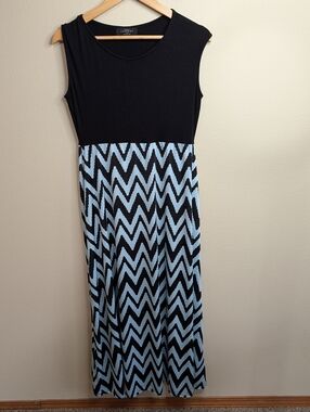 Made By Johnny Chevron Maxi Dress‎ XL Black Blue Colorblock Sleeveless USA